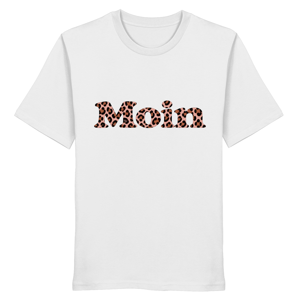 Bio-Unisex-T-Shirt in White von vorne mit Moin-Leo-Blush-Pink-Motiv.