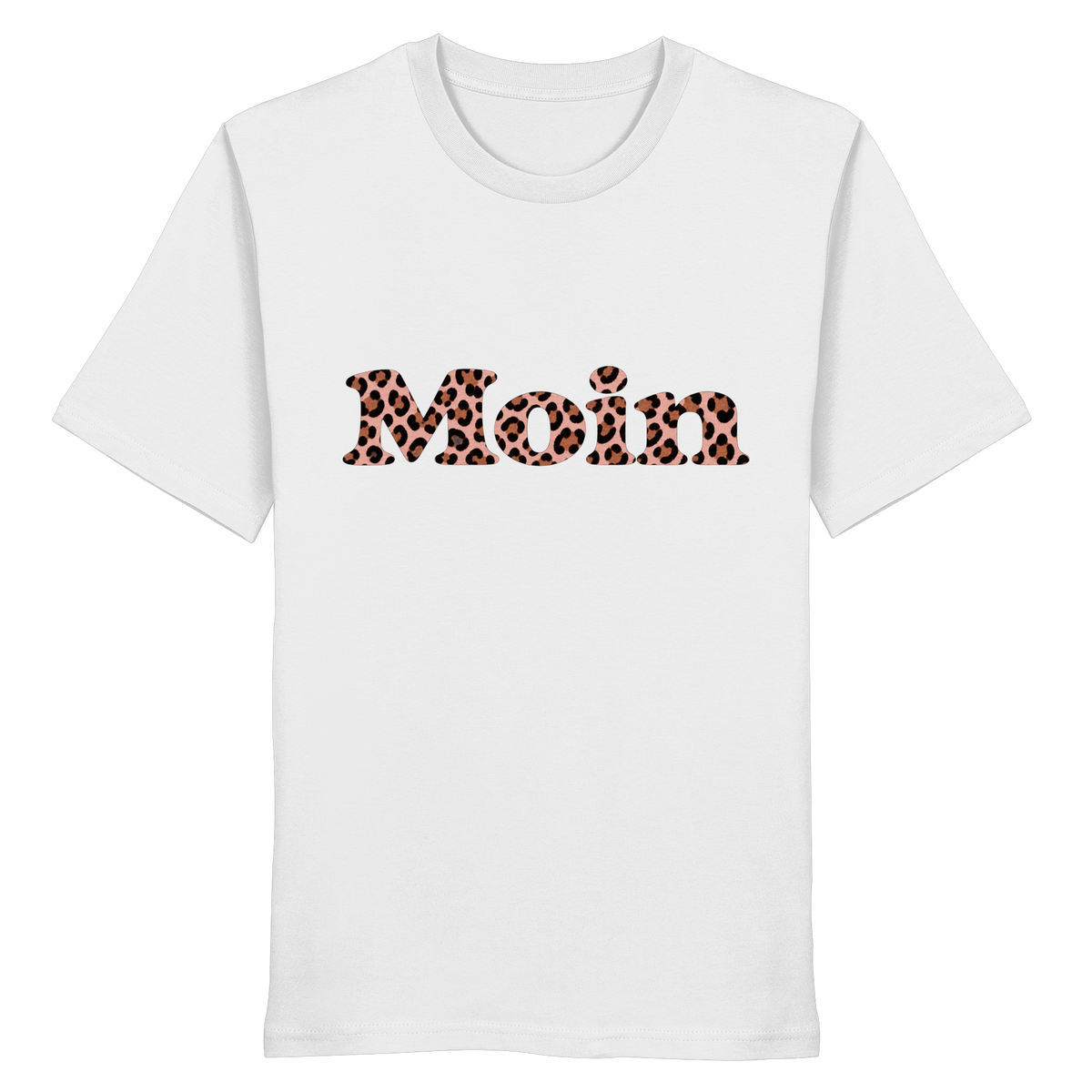 Bio-Unisex-T-Shirt in White von vorne mit Moin-Leo-Blush-Pink-Motiv.