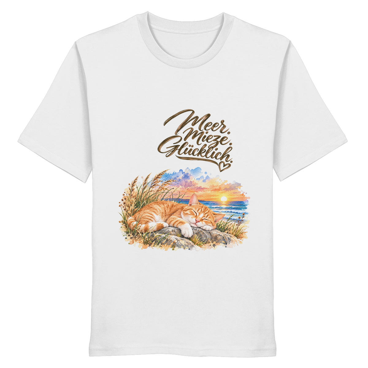 Original-Mockup des Unisex-Bio-T-Shirts in White mit Meer. Mieze. Glücklich.-Katzenmotiv auf der Vorderseite.