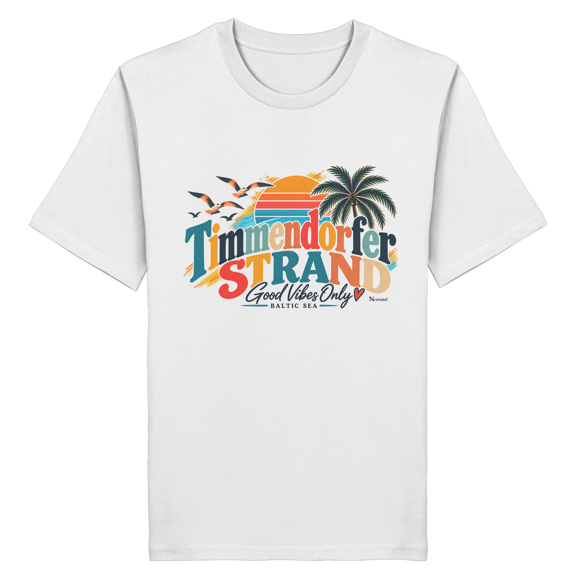 Vorderansicht des Unisex-T-Shirts in White mit Timmendorfer-Strand-Good-Vibes-Only-Frontprint aus Sonnenuntergang, Palmen und Möwen.