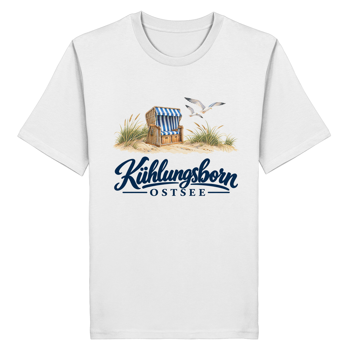 Bio-Unisex-T-Shirt Kühlungsborn – Strandkorb & Ostsee in White, Shirtigo-Originalmockup der Vorderseite mit Strandkorbmotiv.