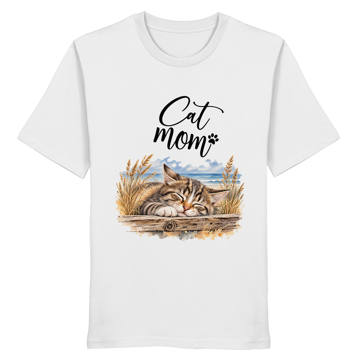 Unisex Bio-T-Shirt in White mit Cat-Mom-Katzenmotiv als Frontprint – Vorderansicht im Original-Mockup.
