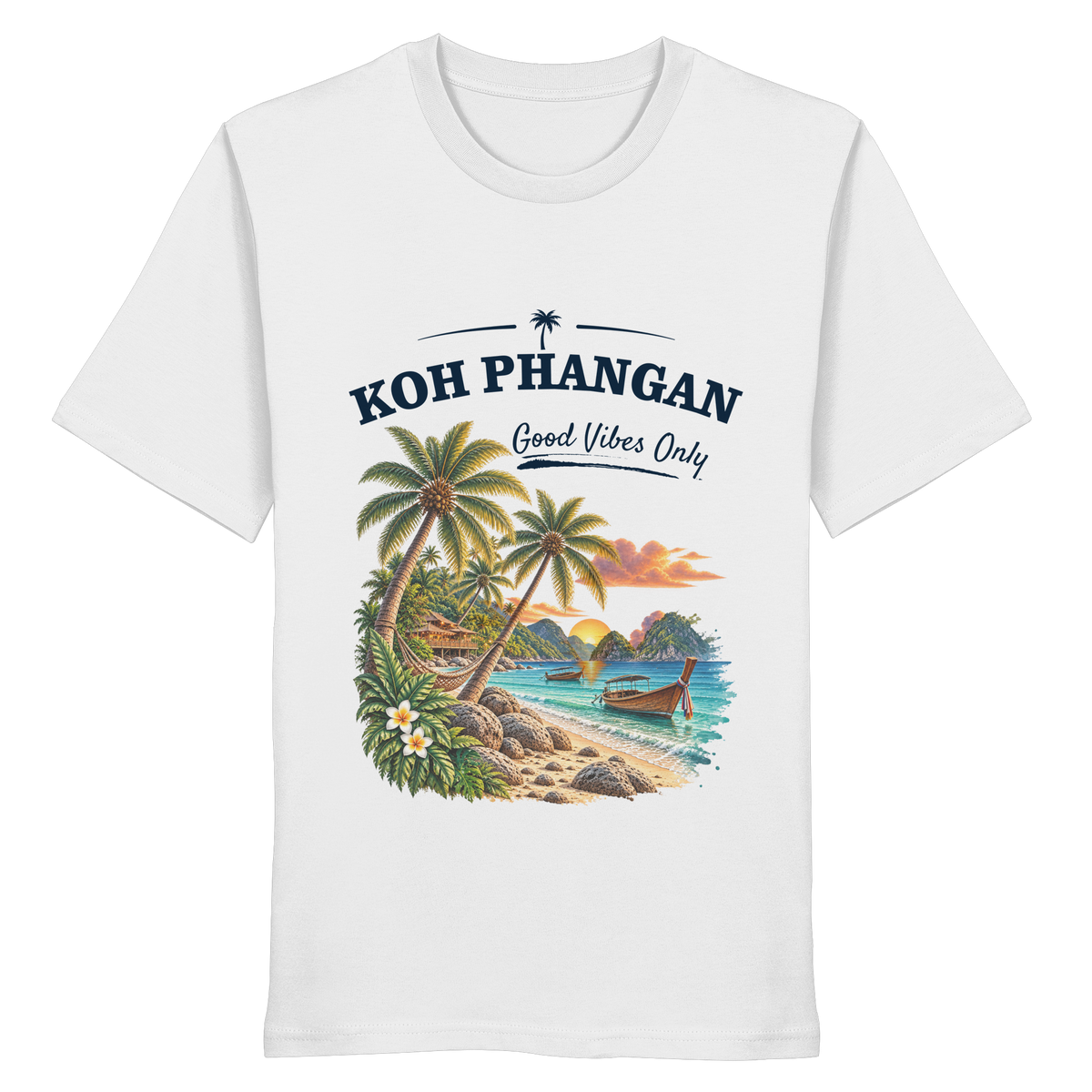 Koh Phangan Good Vibes Only – Bio T-Shirt – Original-Mockup organic shirt white mit Frontprint