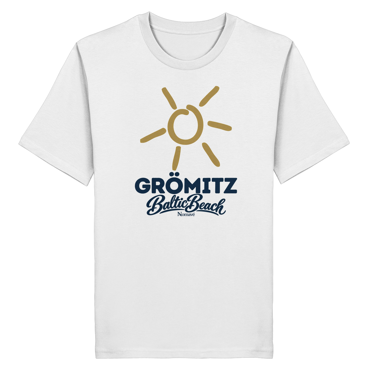 Bio Unisex T-Shirt Grömitz Sonne Baltic Beach – white, Frontdruck mit goldener Sonne, Shirtigo-Originalmockup 2