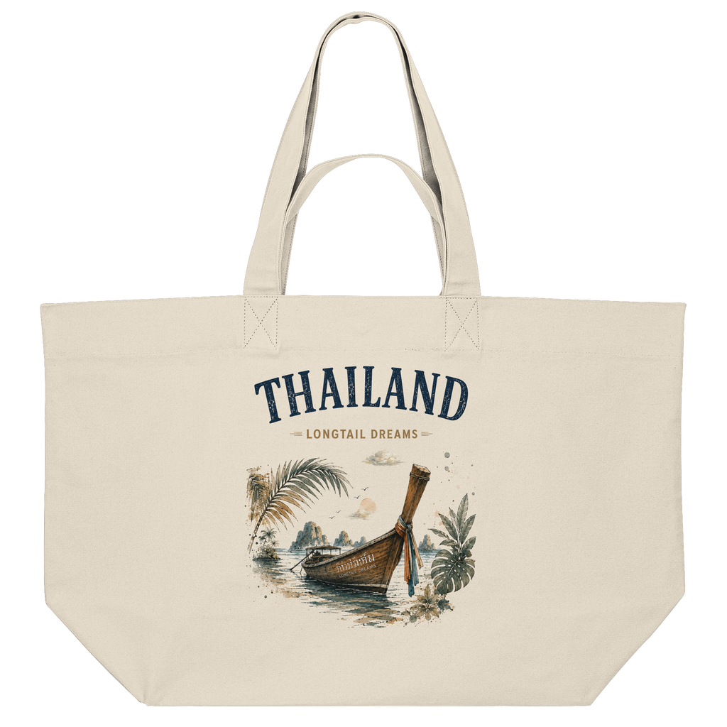 Naturfarbene große Shopping Bag mit Thailand Longtail Dreams Motiv