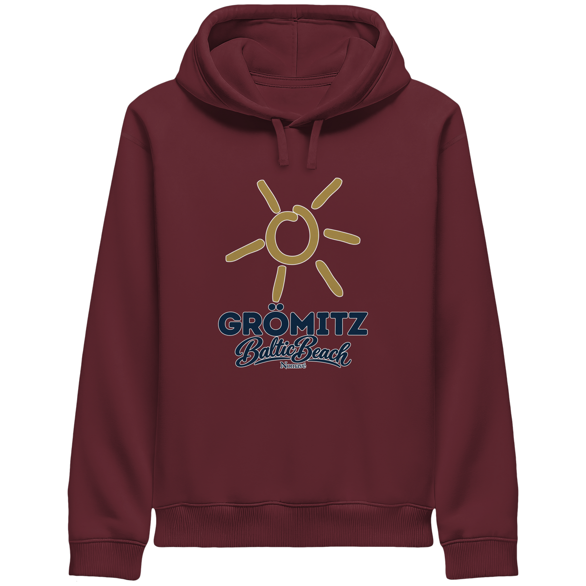 Unisex Hoodie mit Seitentaschen Grömitz Sonne Baltic Beach in Burgundy – Frontdruck mit goldener Sonne, Shirtigo-Originalmockup 3