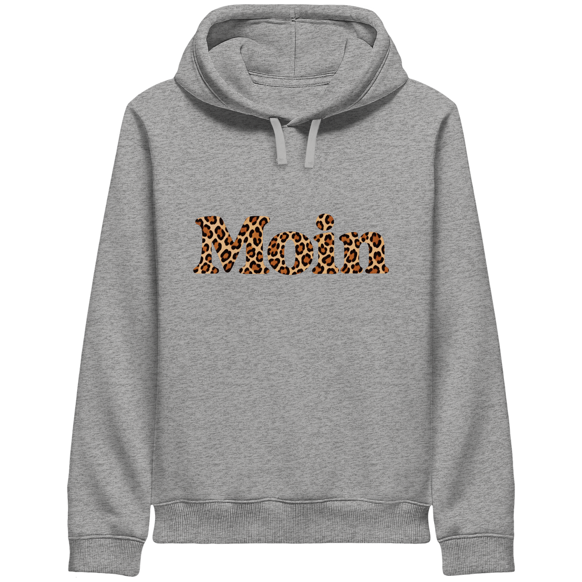Original-Shirtigo-Mockup: Bio Side Pocket Hoodie in Heather Grey mit „Moin“ im Karamell-Leoprint vorn und Seitentaschen