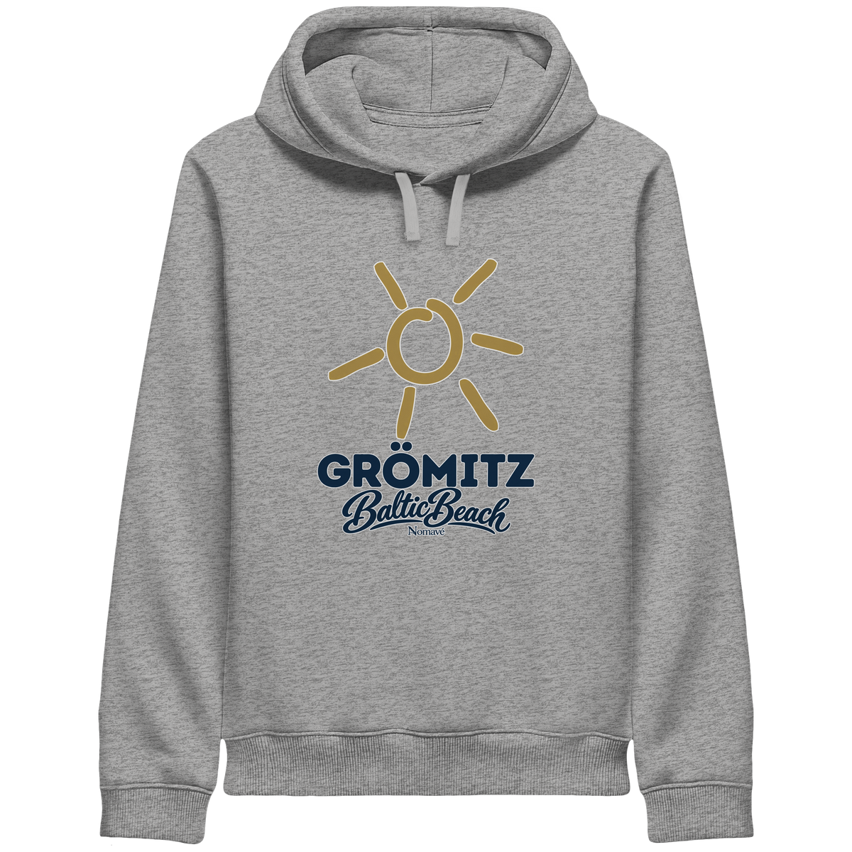 Unisex Hoodie mit Seitentaschen Grömitz Sonne Baltic Beach in Heather Grey – Frontdruck mit goldener Sonne, Shirtigo-Originalmockup 1