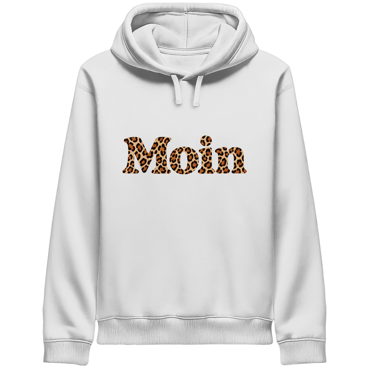Original-Shirtigo-Mockup: Bio Side Pocket Hoodie in White mit „Moin“ im Karamell-Leoprint vorn und Seitentaschen