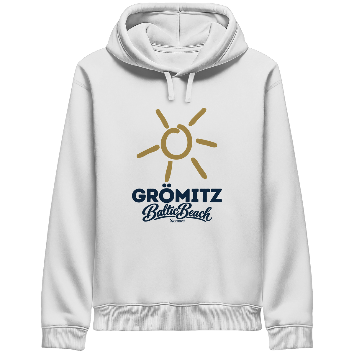 Unisex Hoodie mit Seitentaschen Grömitz Sonne Baltic Beach in White – Frontdruck mit goldener Sonne, Shirtigo-Originalmockup 2