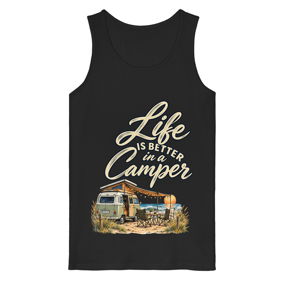 Bio Tank Top in Black mit „Life is better in a Camper“-Motiv – Vorderansicht für Vanlife- und Campingfans