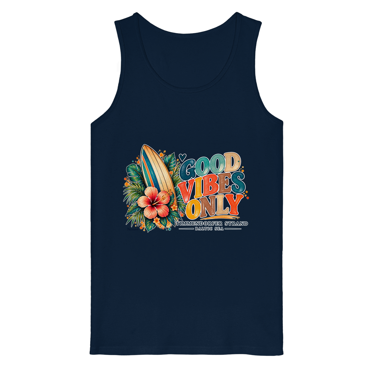 Timmendorfer Strand – Surf Vibes – Herren Bio-Tanktop mit Frontprint in French Navy – Katalog-Vorderansicht mit Surfboard, Hibiskus und Good-Vibes-Only-Frontprint.