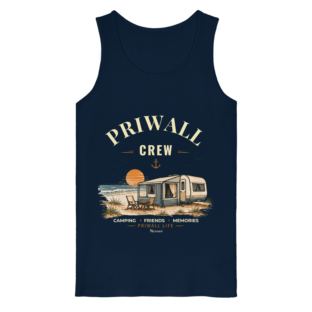 Bio Tank Top in French Navy mit korrigiertem Priwall-Crew-Motiv der Dark Edition – Vorderansicht