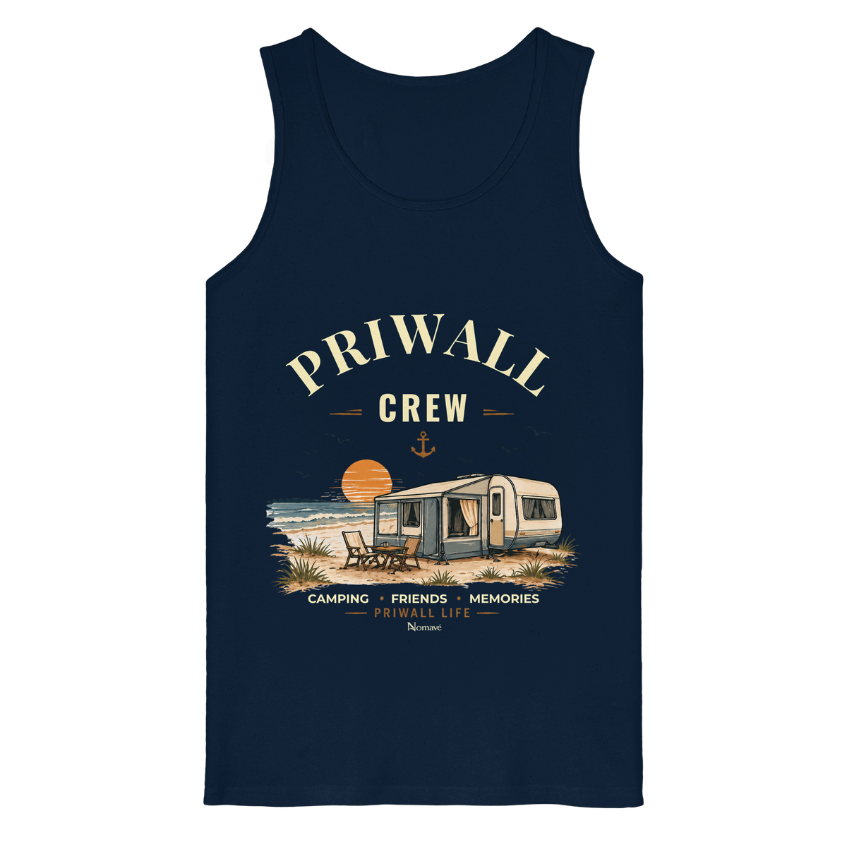 Bio Tank Top in French Navy mit korrigiertem Priwall-Crew-Motiv der Dark Edition – Vorderansicht