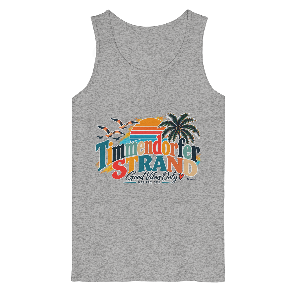 Herren-Tanktop in Heather Grey mit Timmendorfer-Strand-Good-Vibes-Only-Frontprint, originales Shirtigo-Mockup.