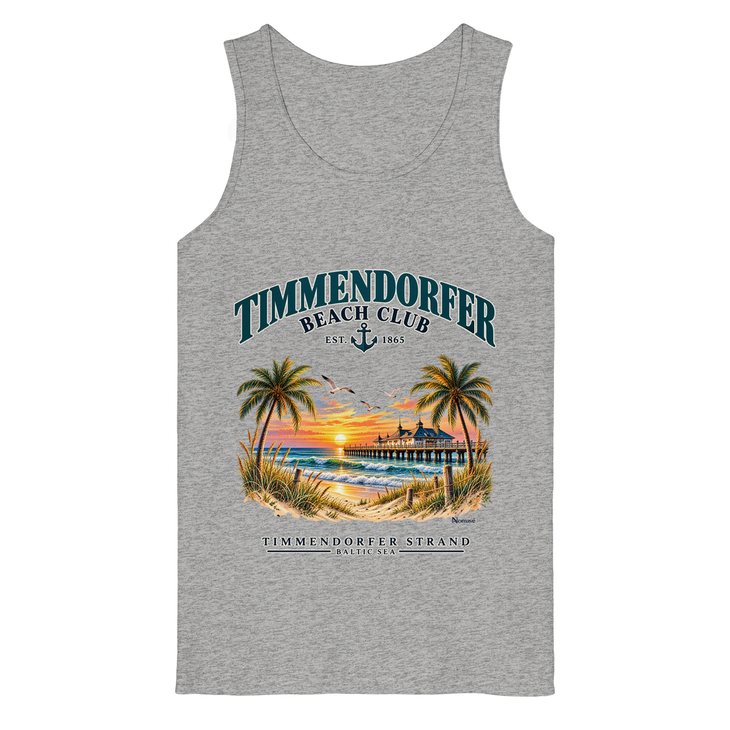 Originalmockup: Herren Bio-Tanktop in Heather Grey mit Timmendorfer-Beach-Club-Frontprint, Motivansicht.