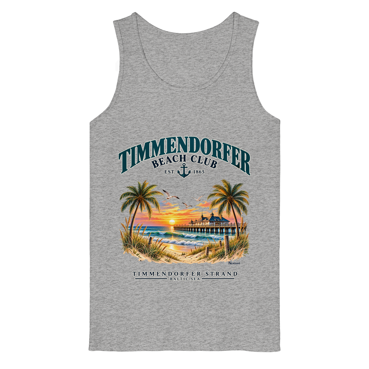 Originalmockup: Herren Bio-Tanktop in Heather Grey mit Timmendorfer-Beach-Club-Frontprint, Motivansicht.