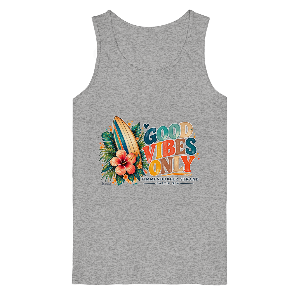 Timmendorfer Strand – Surf Vibes – Herren Bio-Tanktop mit Frontprint in Heather Grey – Katalog-Vorderansicht mit Surfboard, Hibiskus und Good-Vibes-Only-Frontprint.