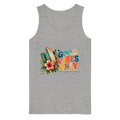 Timmendorfer Strand – Surf Vibes – Herren Bio-Tanktop mit Frontprint in Heather Grey – Katalog-Vorderansicht mit Surfboard, Hibiskus und Good-Vibes-Only-Frontprint.