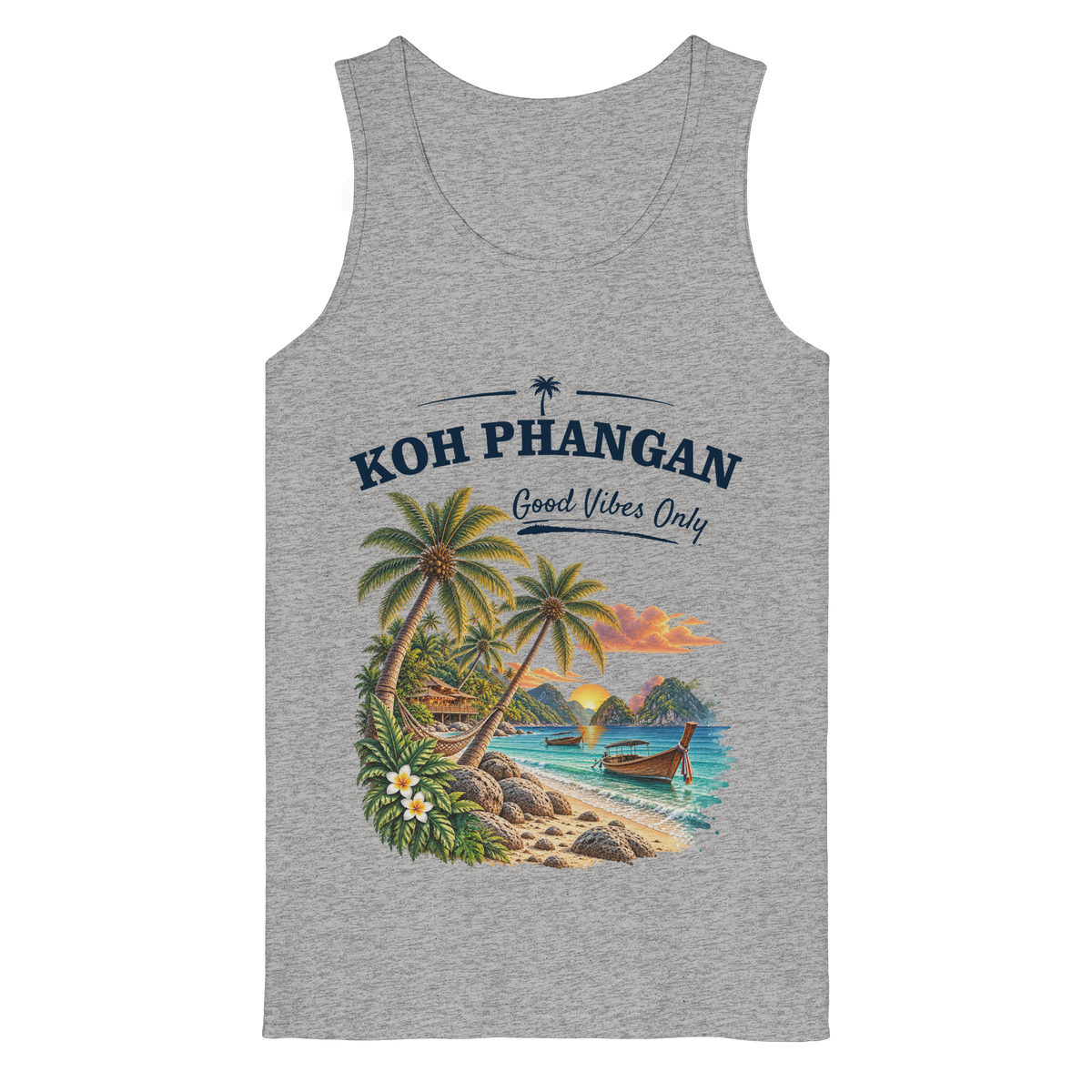 Koh Phangan Good Vibes Only – Bio Tank Top – Original-Mockup organic tank top heather grey mit Frontprint