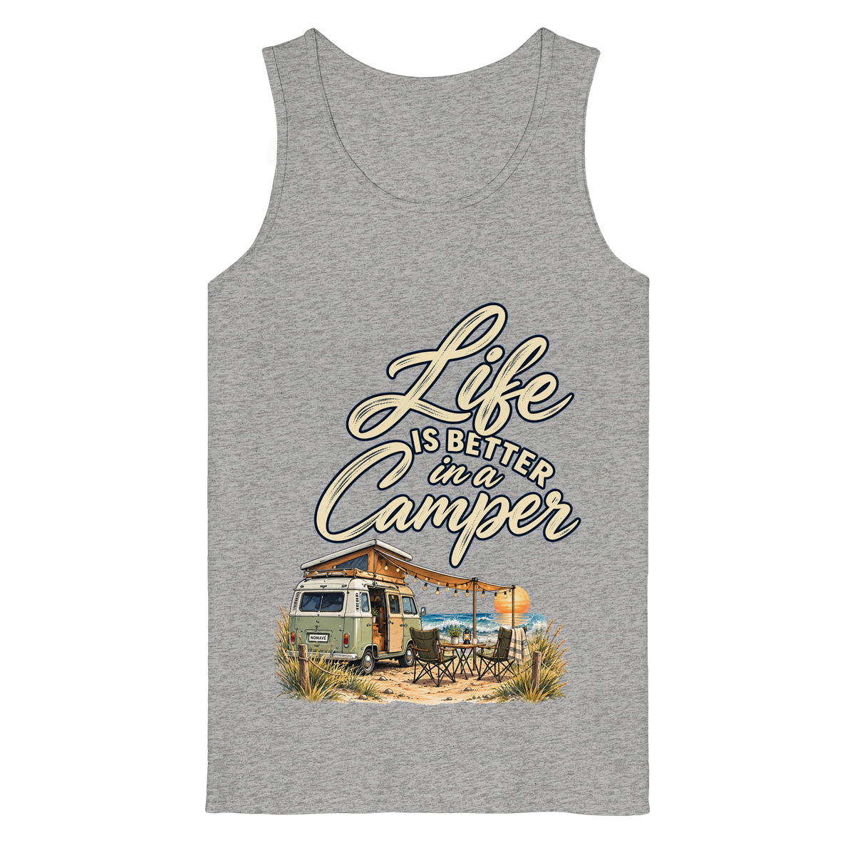 Bio Tank Top in Heather Grey mit „Life is better in a Camper“-Motiv – Vorderansicht für Vanlife- und Campingfans