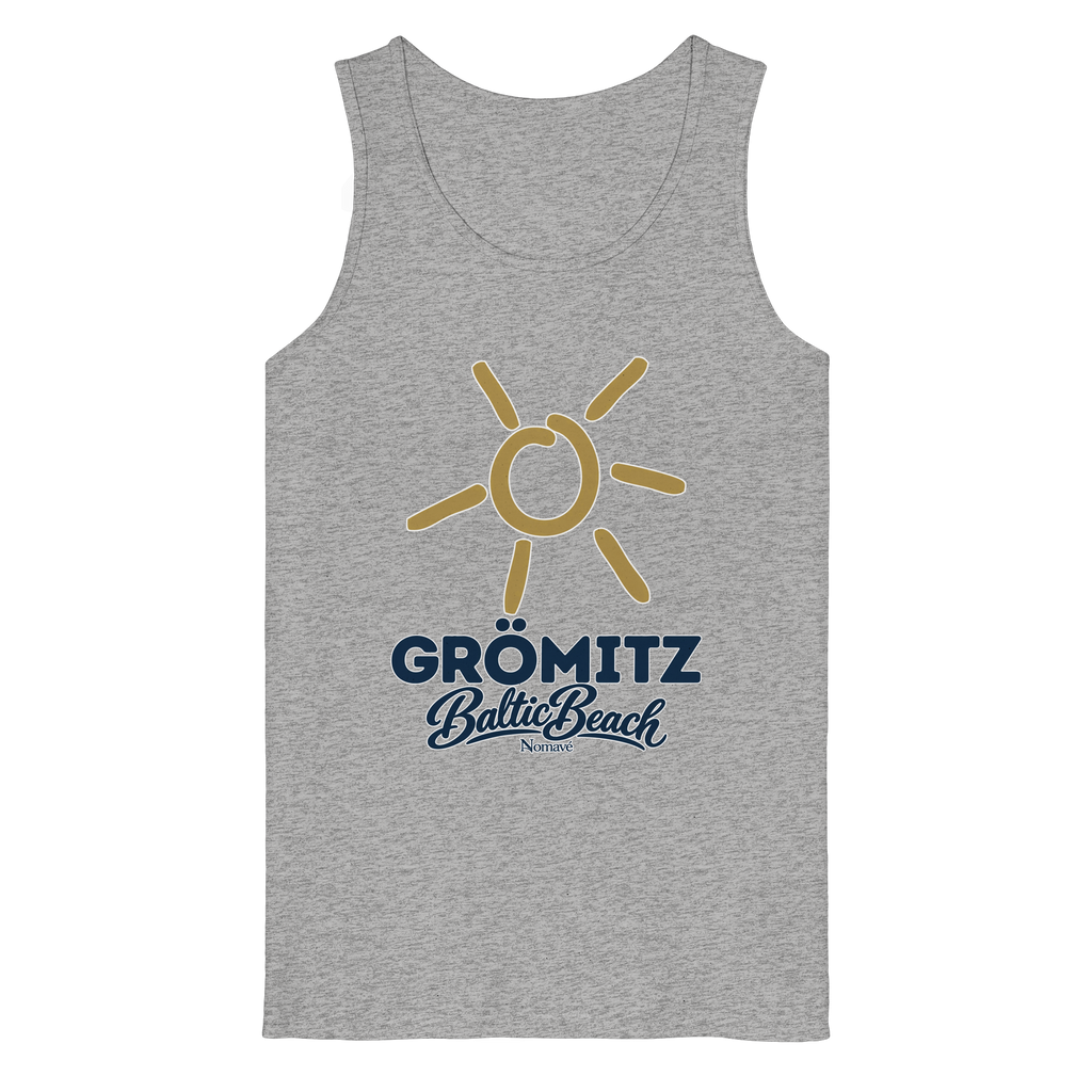 Bio Tanktop Grömitz Sonne Baltic Beach in Heather Grey – Frontdruck mit goldener Sonne, Shirtigo-Originalmockup 1