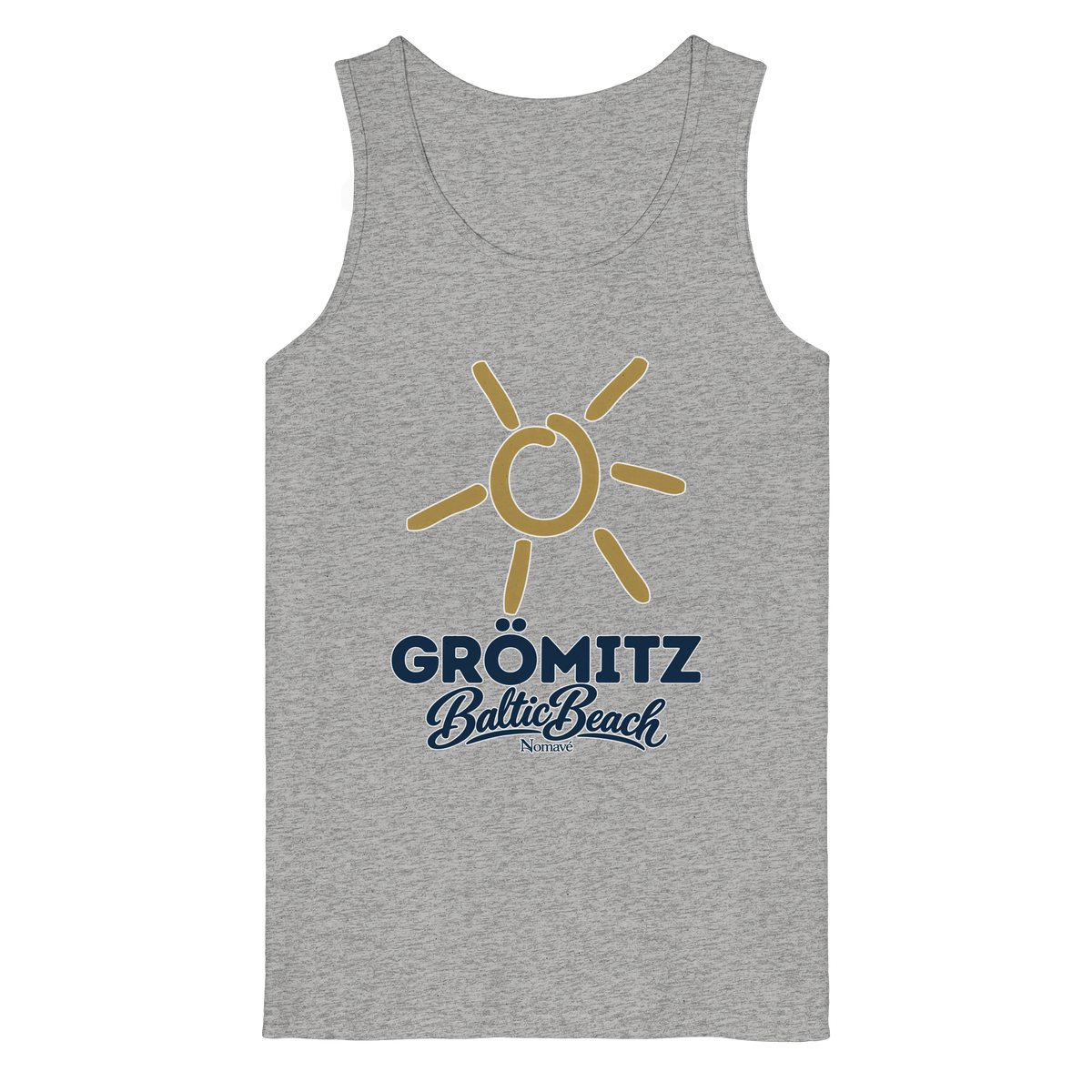 Bio Tanktop Grömitz Sonne Baltic Beach in Heather Grey – Frontdruck mit goldener Sonne, Shirtigo-Originalmockup 1