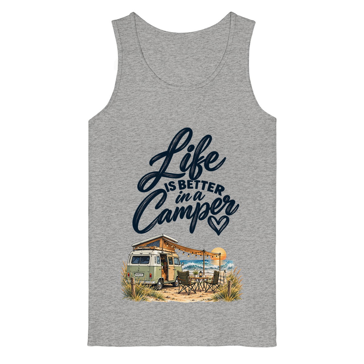 Bio Tank Top mit „Life is better in a Camper“-Motiv – Vorderansicht in Heather Grey für Vanlife- und Campingfans