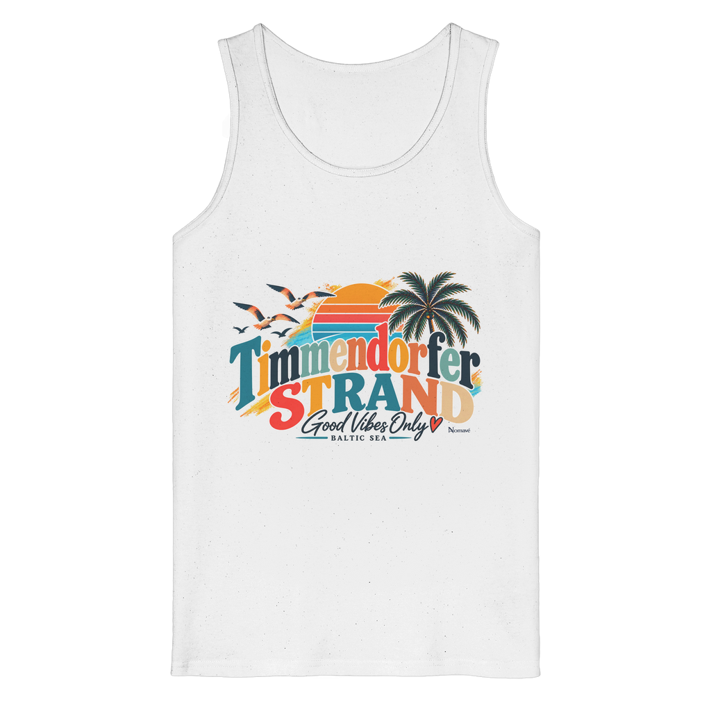 Herren-Tanktop in White mit Timmendorfer-Strand-Good-Vibes-Only-Frontprint, originales Shirtigo-Mockup.
