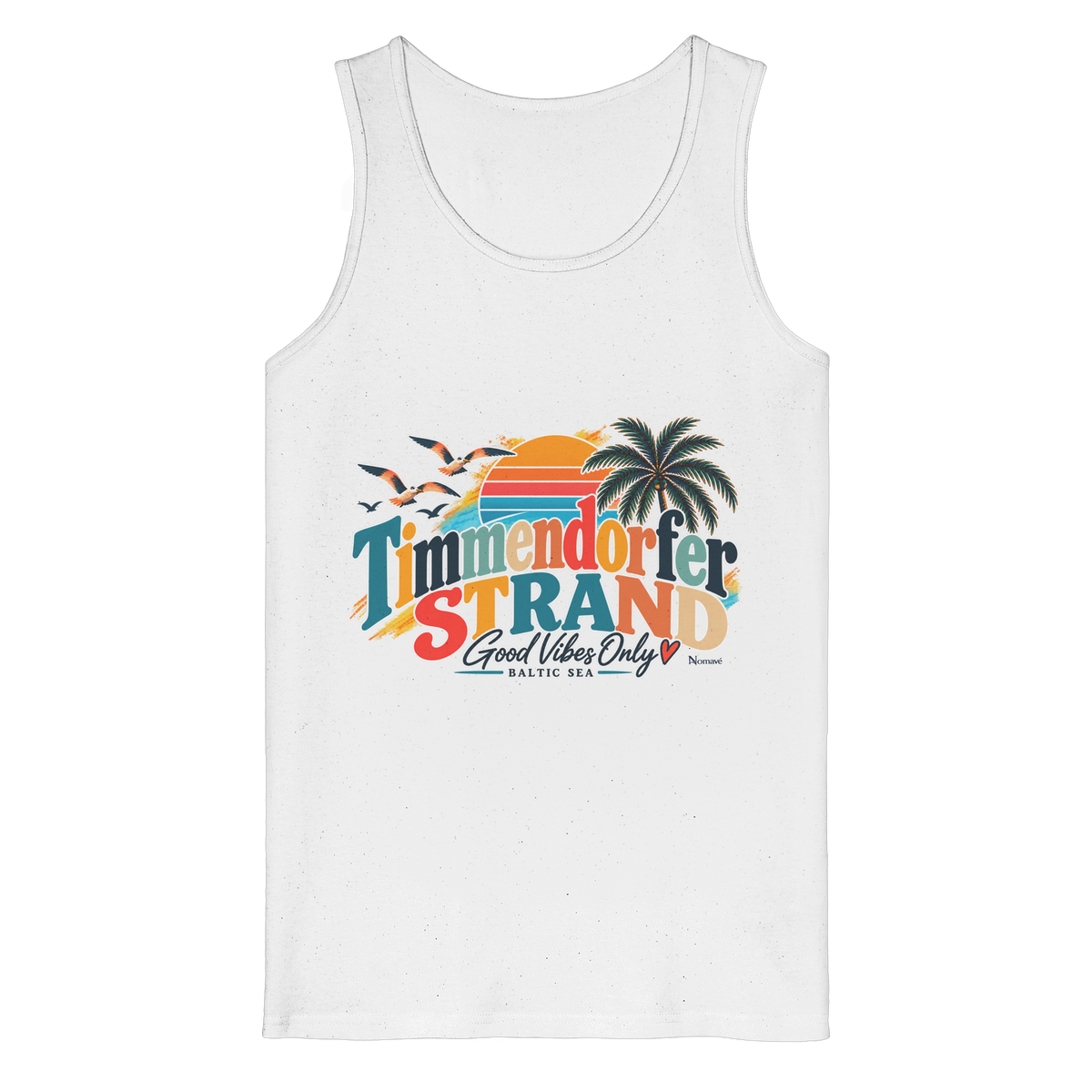 Herren-Tanktop in White mit Timmendorfer-Strand-Good-Vibes-Only-Frontprint, originales Shirtigo-Mockup.