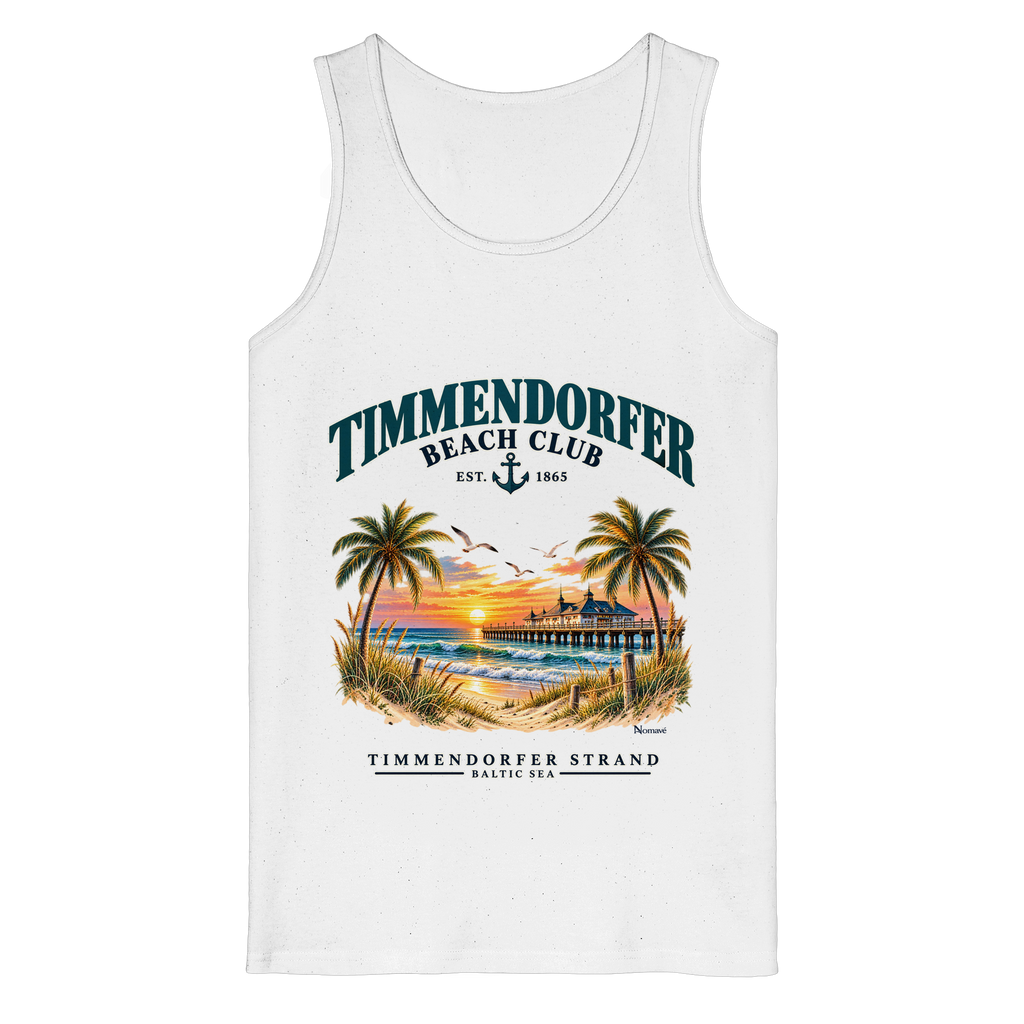 Originalmockup: Herren Bio-Tanktop in White mit Timmendorfer-Beach-Club-Frontprint, Motivansicht.