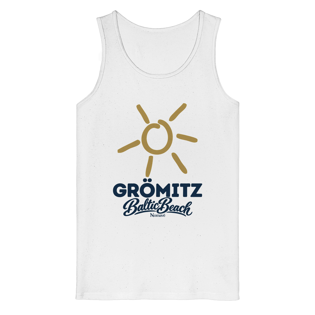Bio Tanktop Grömitz Sonne Baltic Beach in White – Frontdruck mit goldener Sonne, Shirtigo-Originalmockup 2