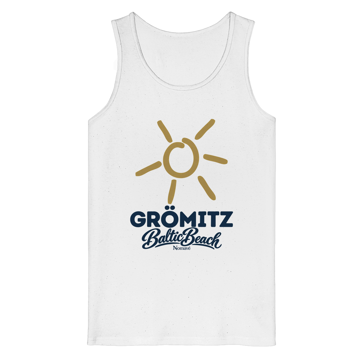 Bio Tanktop Grömitz Sonne Baltic Beach in White – Frontdruck mit goldener Sonne, Shirtigo-Originalmockup 2