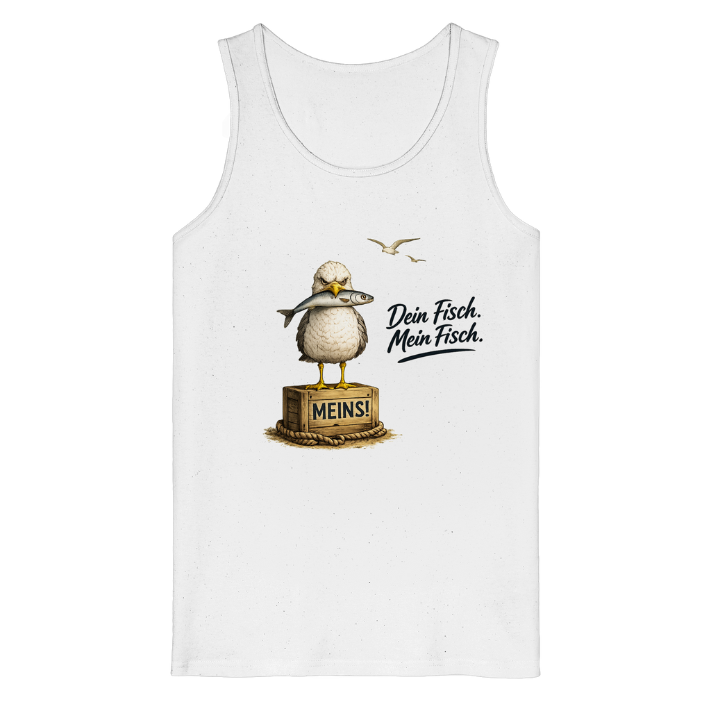 Original-Shirtigo-Mockup: Bio Tanktop White von vorn mit Alpha-Möwe, Fisch, Kiste „MEINS!“ und Spruch „Dein Fisch. Mein Fisch.“