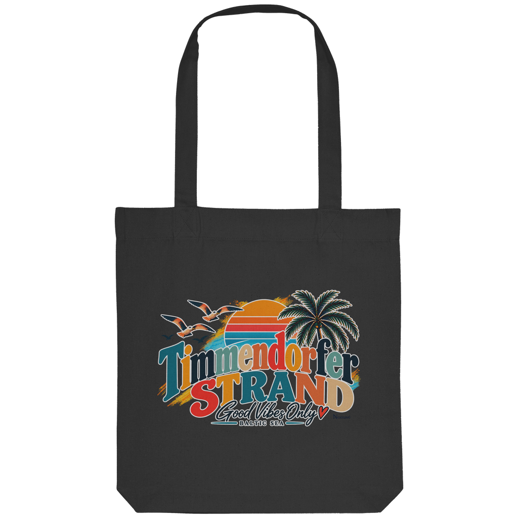 Tote-Bag / Einkaufsbeutel in Schwarz – Originalmockup mit Timmendorfer-Strand-Good-Vibes-Only-Motiv auf der Außenseite.