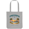 Originalmockup: Einkaufstasche in Heather Grey mit Timmendorfer-Beach-Club-Außenmotiv, Motivansicht.