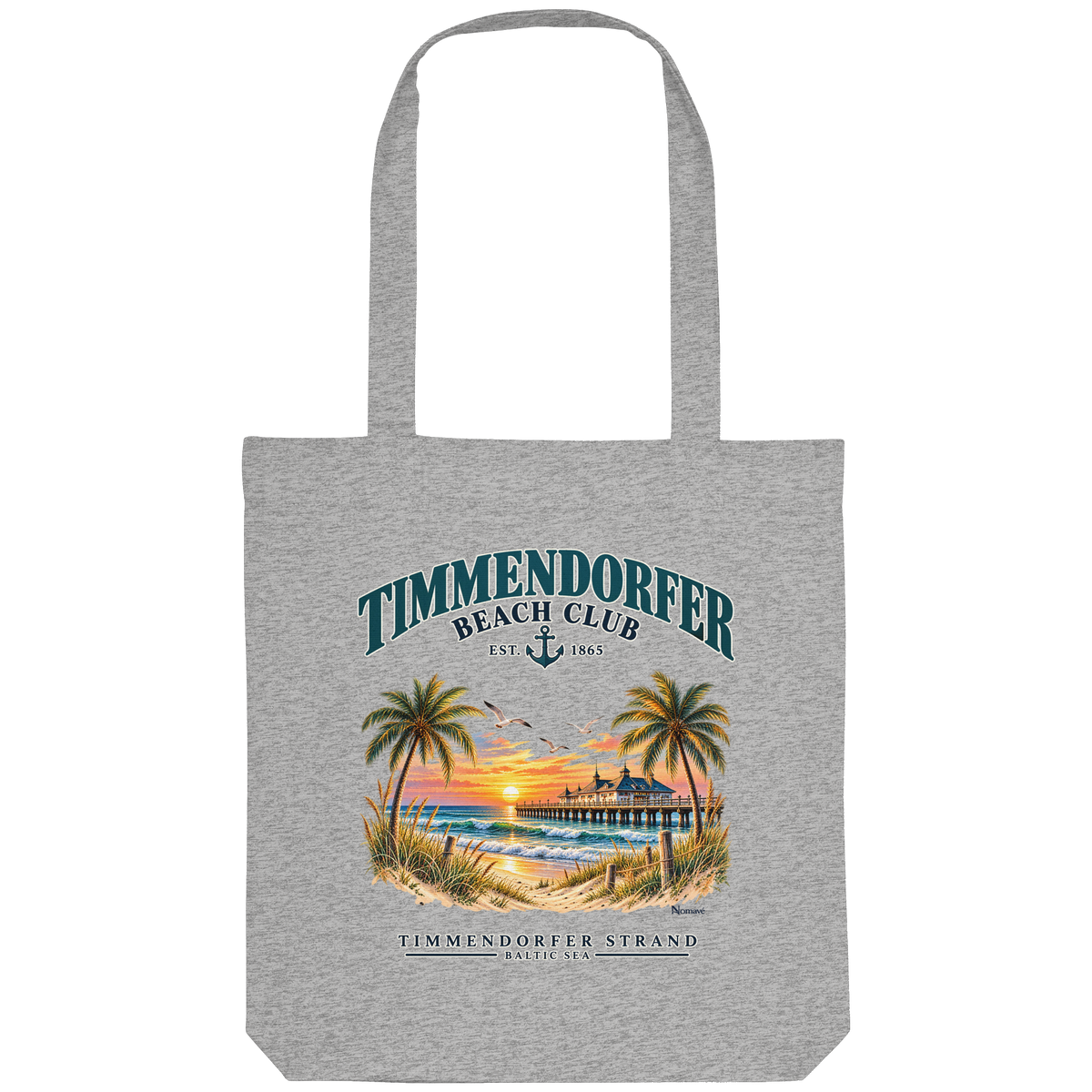 Originalmockup: Einkaufstasche in Heather Grey mit Timmendorfer-Beach-Club-Außenmotiv, Motivansicht.