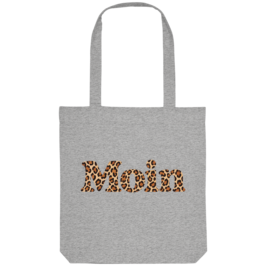 Original-Shirtigo-Mockup: Tote-Bag aus recyceltem Canvas in Heather Grey mit „Moin“ im Karamell-Leoprint auf der Vorderseite