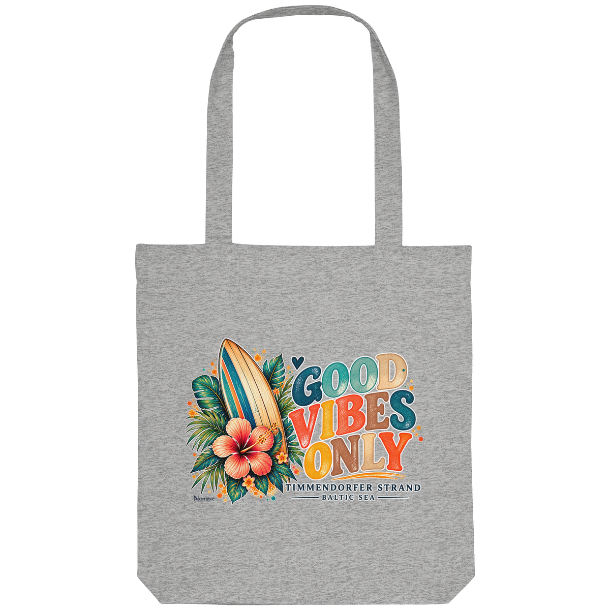 Timmendorfer Strand – Surf Vibes – Tote-Bag in Heather Grey mit Surfboard- und Hibiskusmotiv – Shirtigo-Katalogansicht.