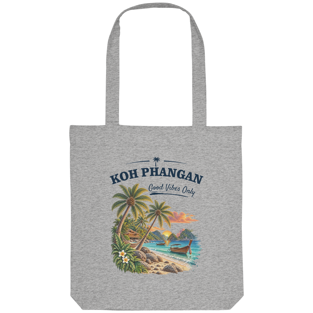 Koh Phangan Good Vibes Only – Bio Einkaufstasche – Original-Mockup organic tote bag heather grey mit Motivdruck