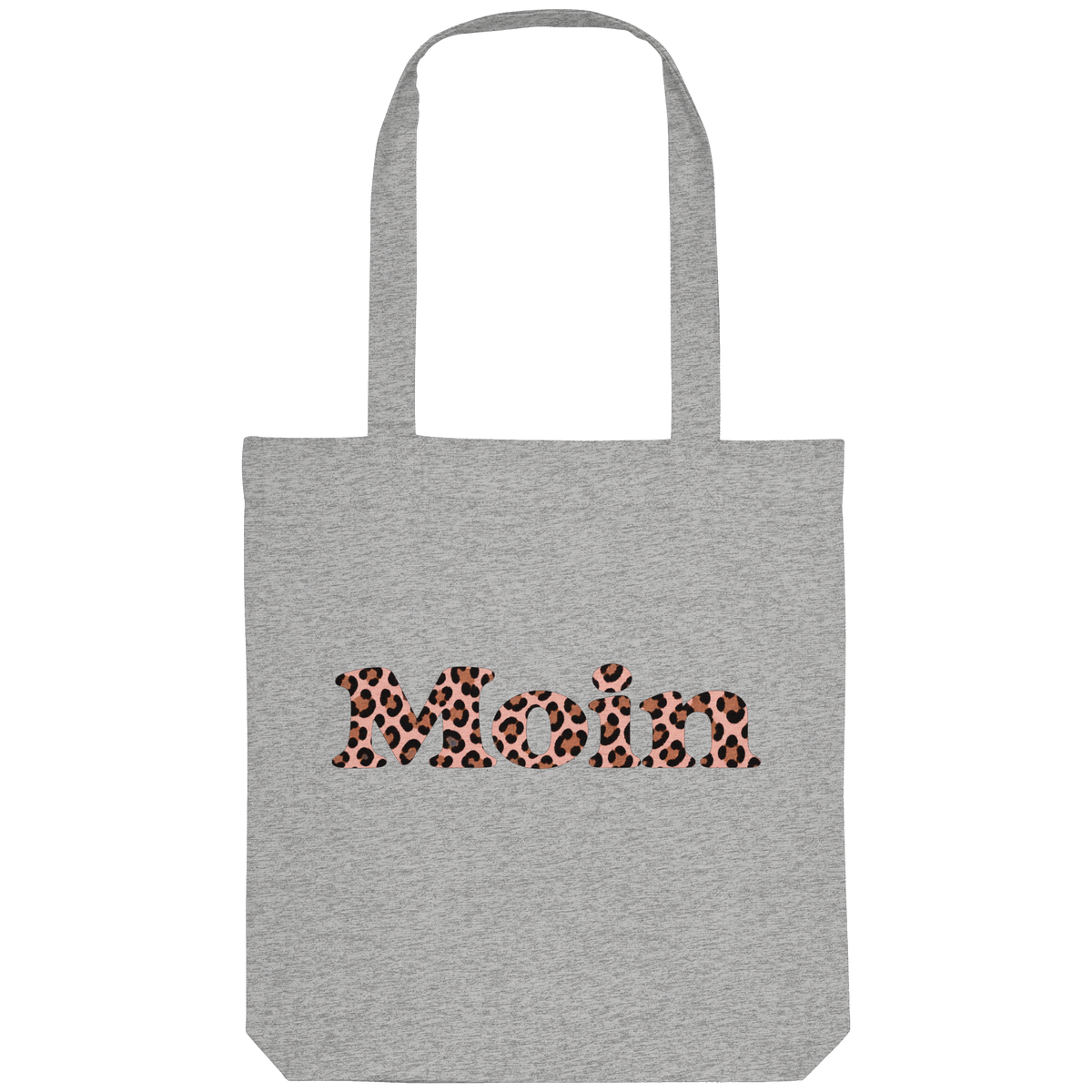 Tote-Bag Heather Grey, bedruckte Seite mit Moin Leo Blush Pink und langen Henkeln.