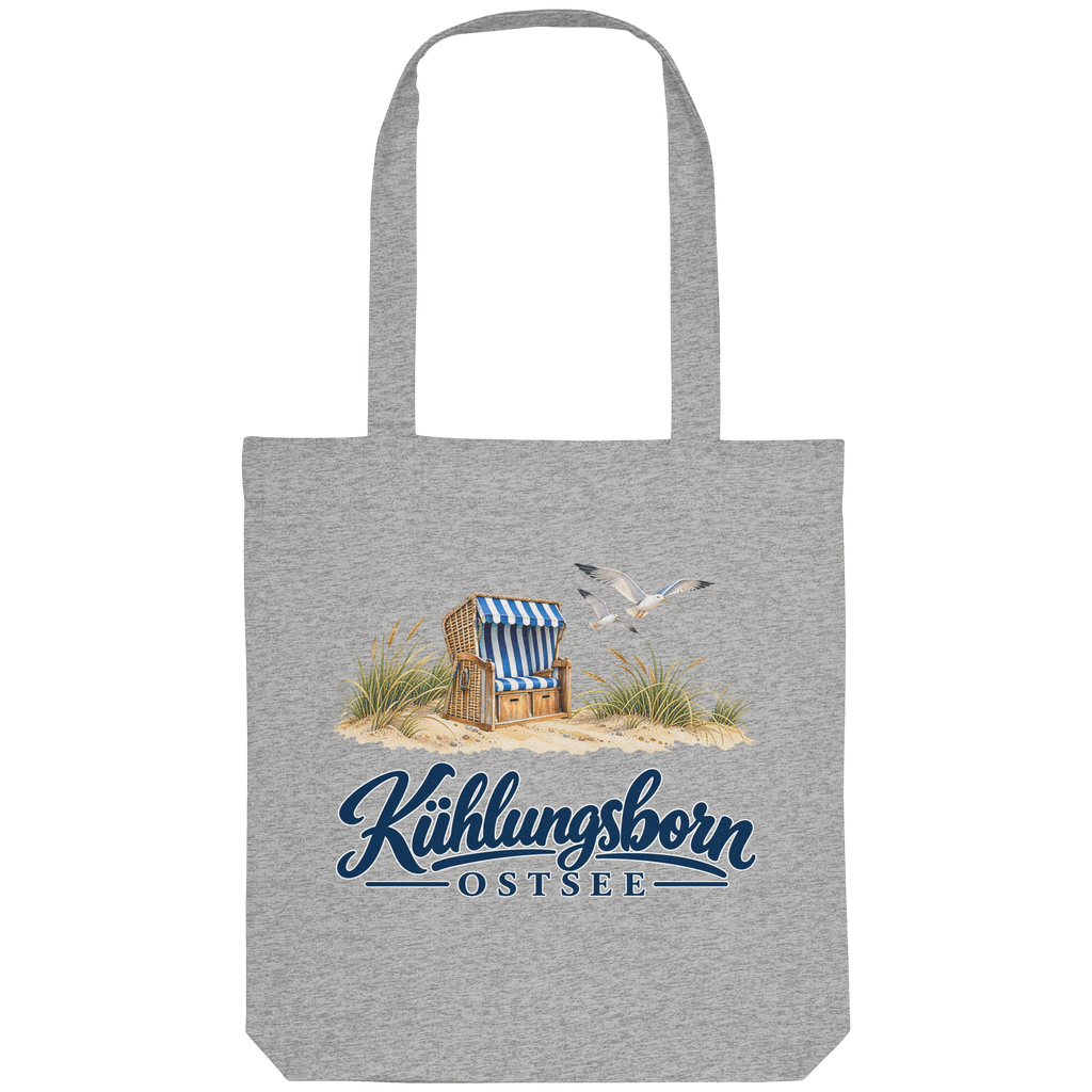 Recycling-Tragetasche Kühlungsborn – Strandkorb & Ostsee, Heather Grey, Shirtigo-Originalmockup der bedruckten Vorderseite.