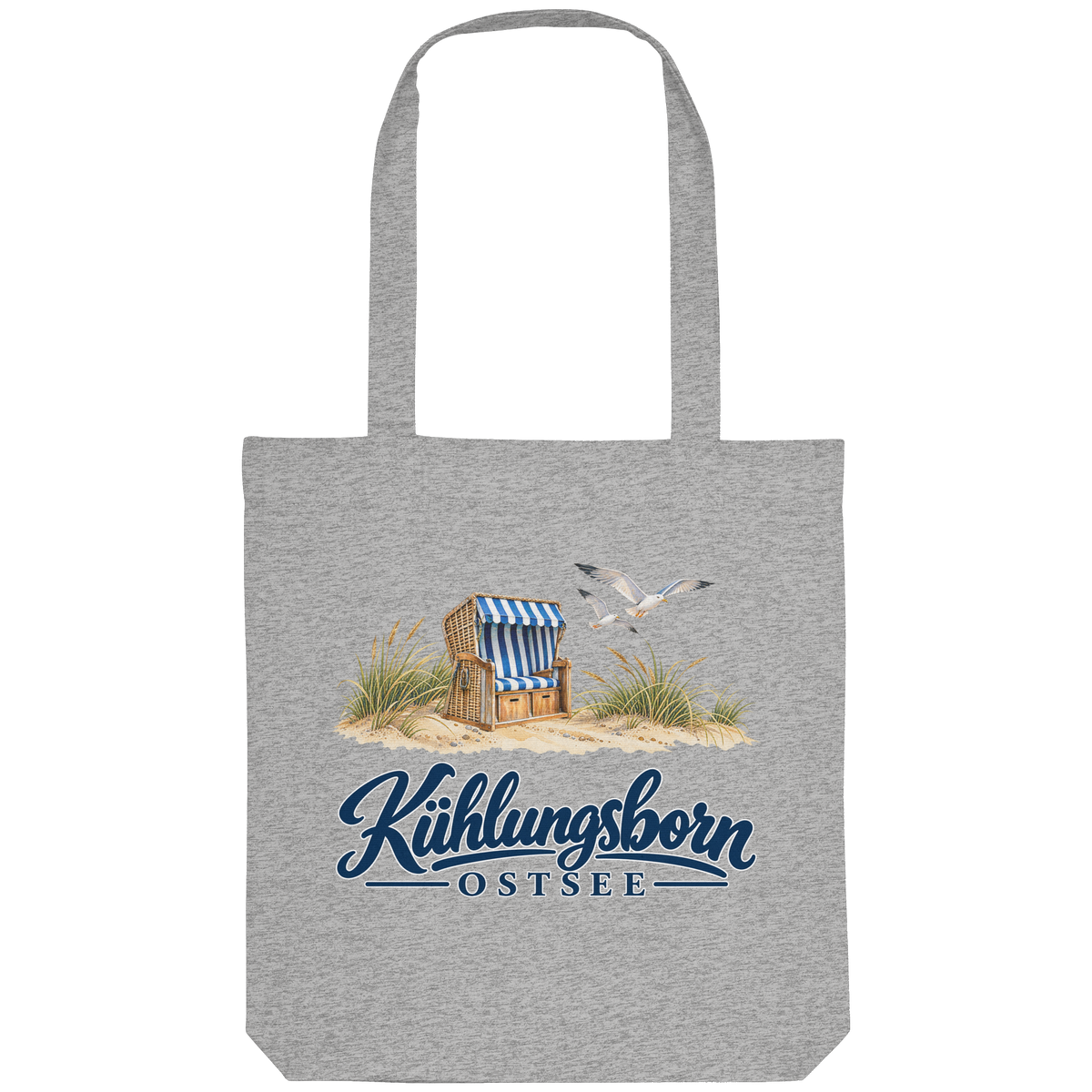 Recycling-Tragetasche Kühlungsborn – Strandkorb & Ostsee, Heather Grey, Shirtigo-Originalmockup der bedruckten Vorderseite.