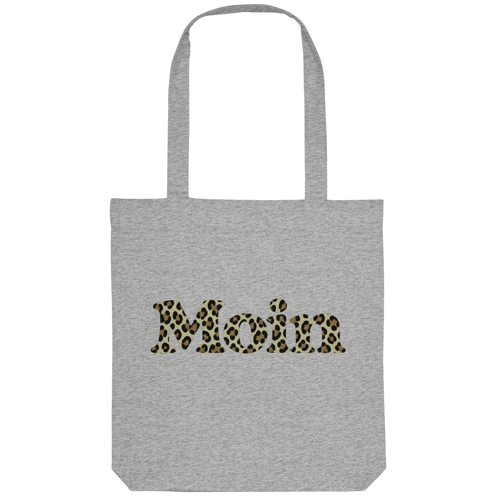Shopper in Heather Grey mit Moin-Leo-Sage-Green-Motiv auf der Vorderseite.