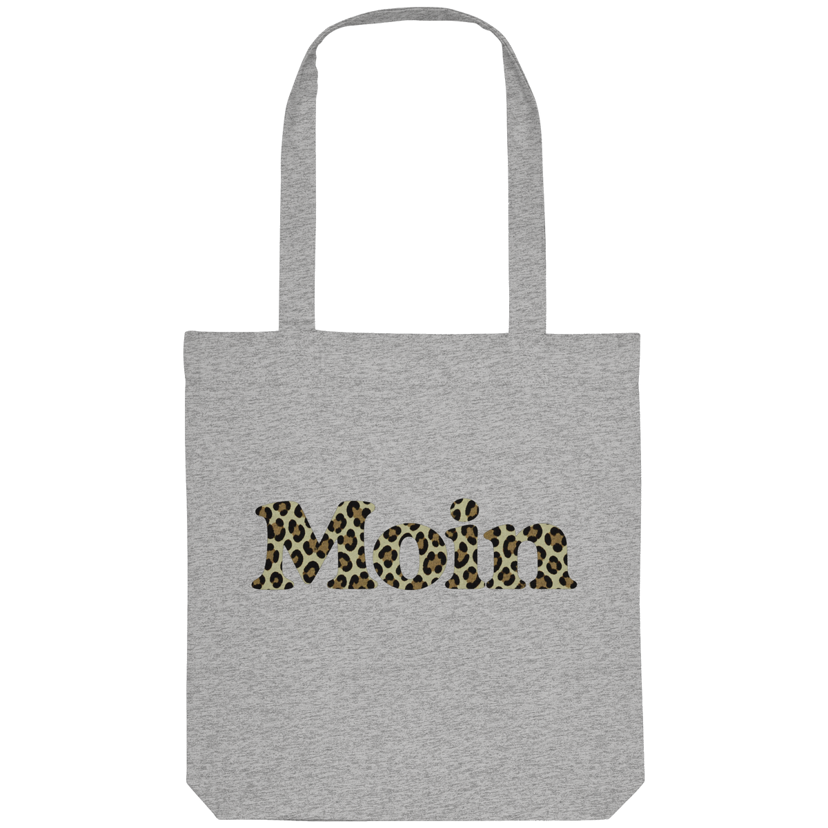 Shopper in Heather Grey mit Moin-Leo-Sage-Green-Motiv auf der Vorderseite.