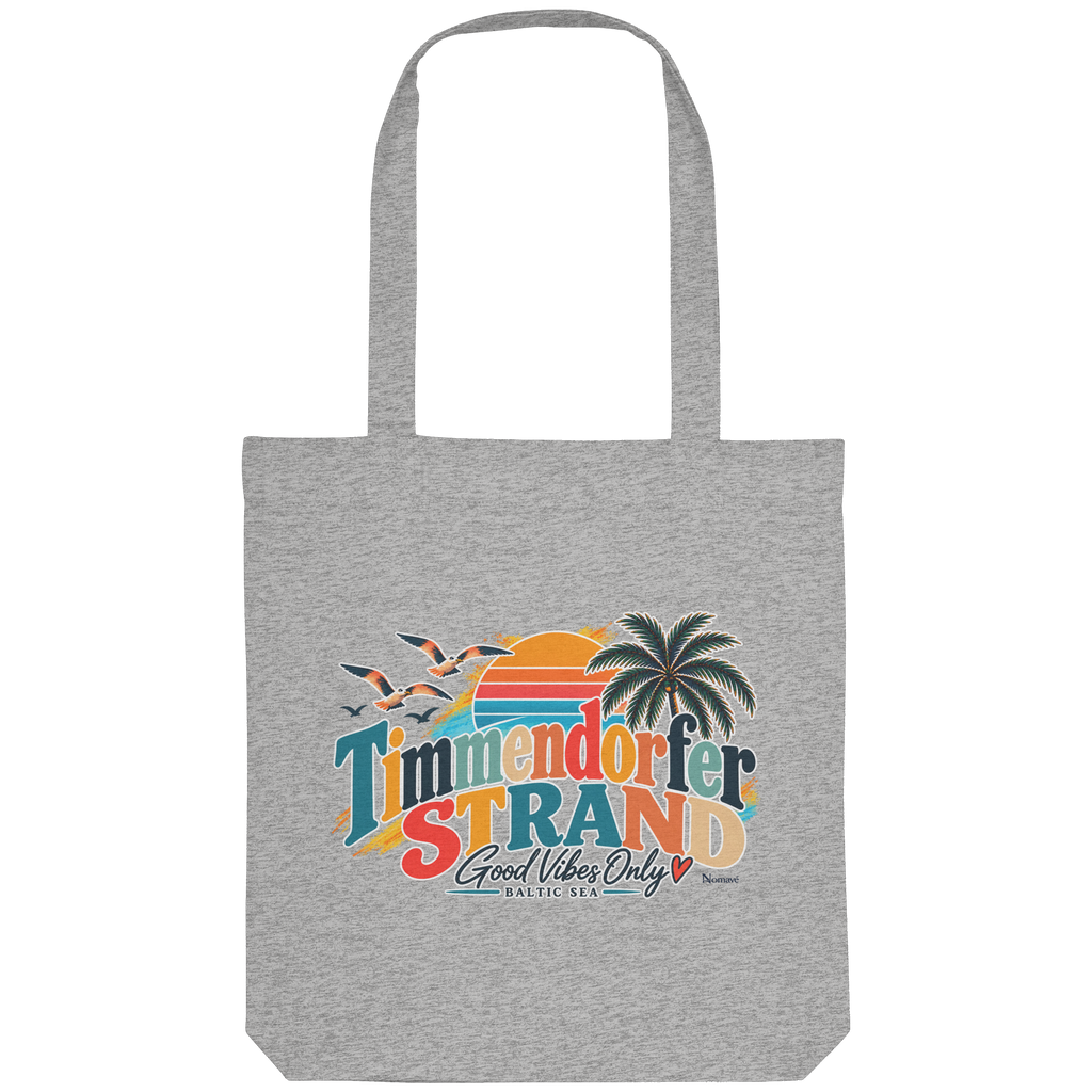 Tote-Bag / Einkaufsbeutel in Heather Grey – Originalmockup mit Timmendorfer-Strand-Good-Vibes-Only-Motiv auf der Außenseite.