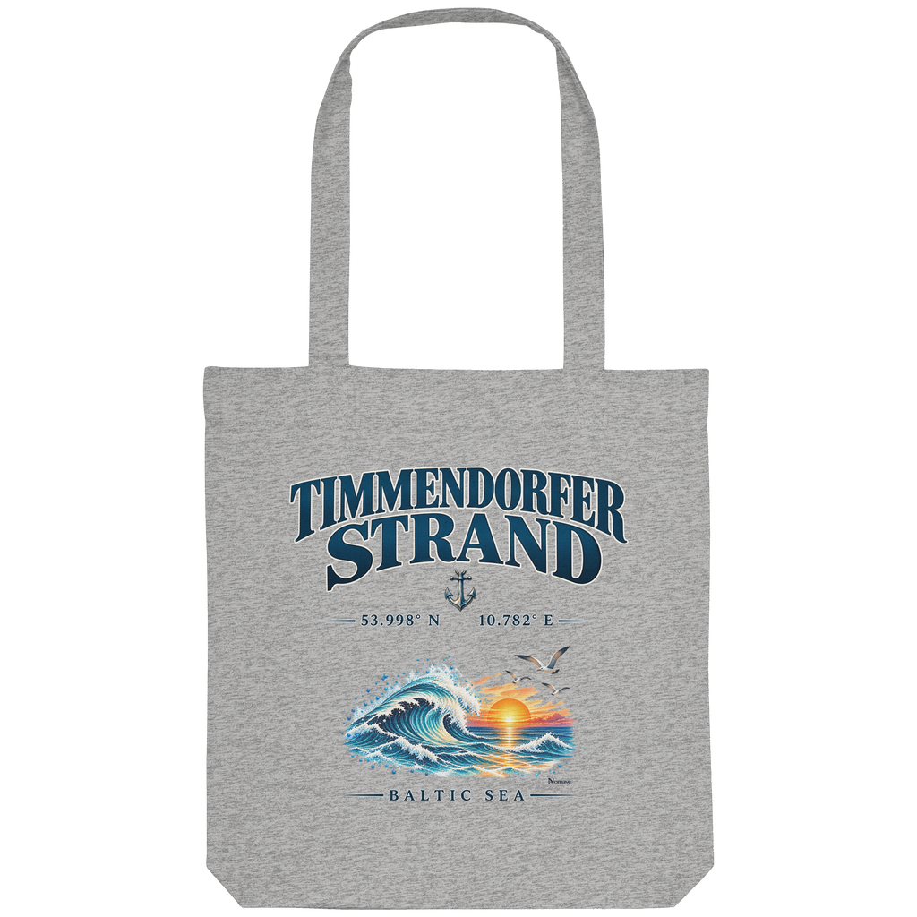 Original-Mockup 1: Einkaufsbeutel in Heather Grey mit Timmendorfer-Strand–Baltic-Sea-Motiv auf der Vorderseite.