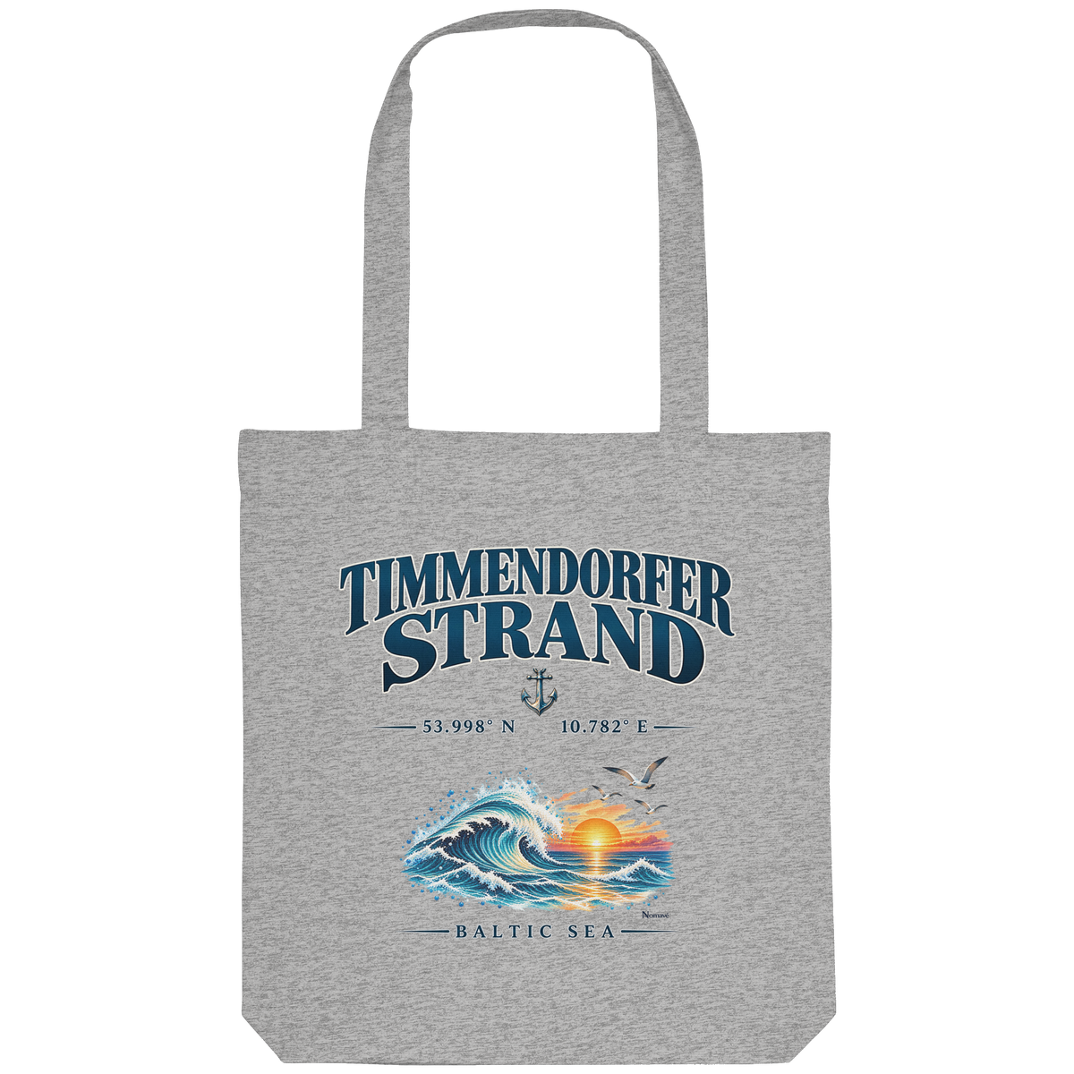 Original-Mockup 1: Einkaufsbeutel in Heather Grey mit Timmendorfer-Strand–Baltic-Sea-Motiv auf der Vorderseite.