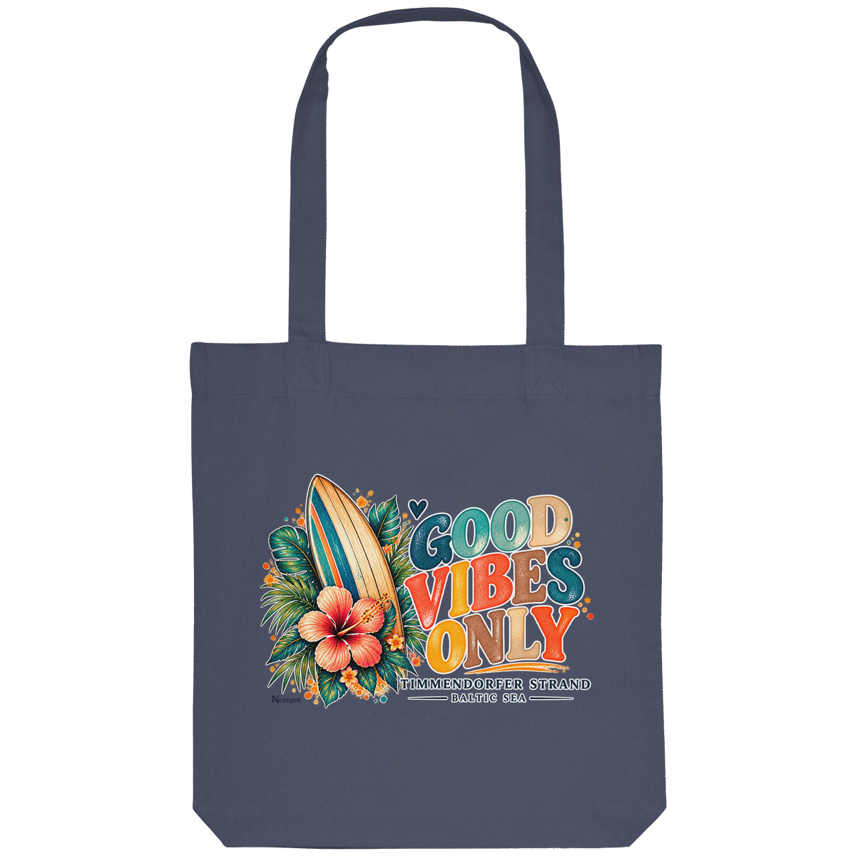 Timmendorfer Strand – Surf Vibes – Tote-Bag in Midnight Blue mit Surfboard- und Hibiskusmotiv – Shirtigo-Katalogansicht.