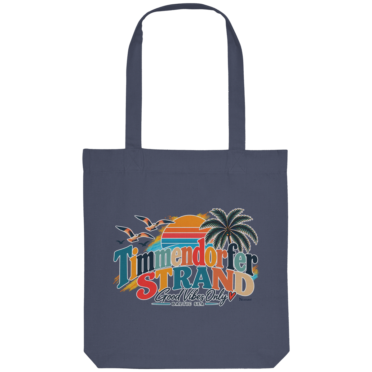 Tote-Bag / Einkaufsbeutel in Midnight Blue – Originalmockup mit Timmendorfer-Strand-Good-Vibes-Only-Motiv auf der Außenseite.